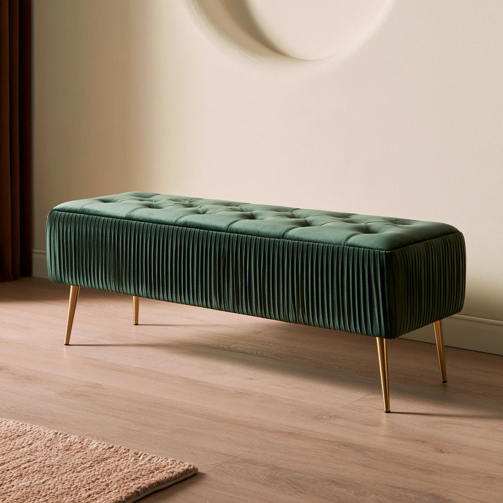 Ulmirae green velvet upholstered storage bench with rectangular shape and angled view, ideal for home and garden seating.