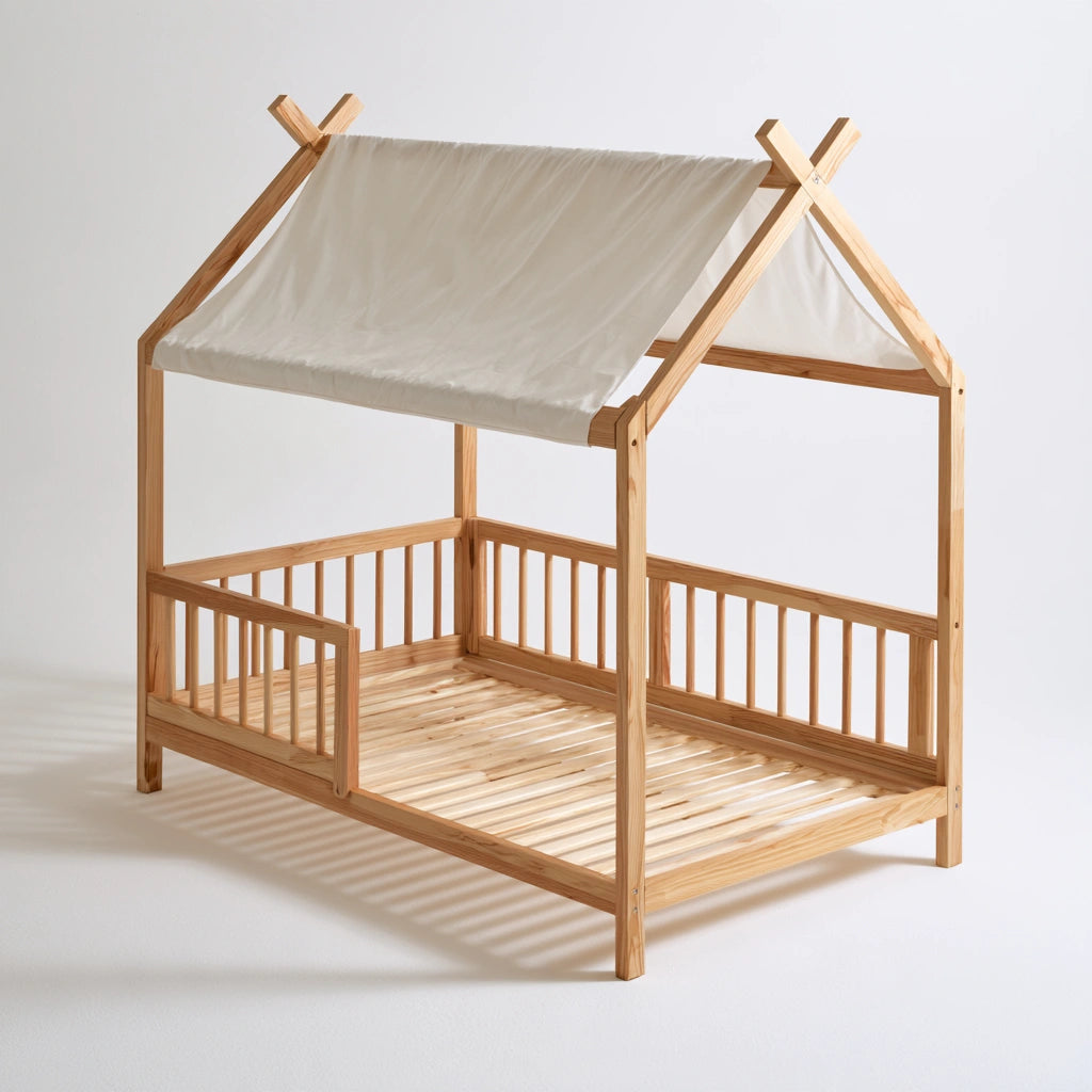 Kinderbett in Hausform, aus Holz, Farbe: hellbraun