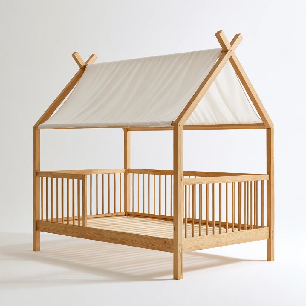 Kinderbett in Hausform, aus Holz, Farbe: hellbraun