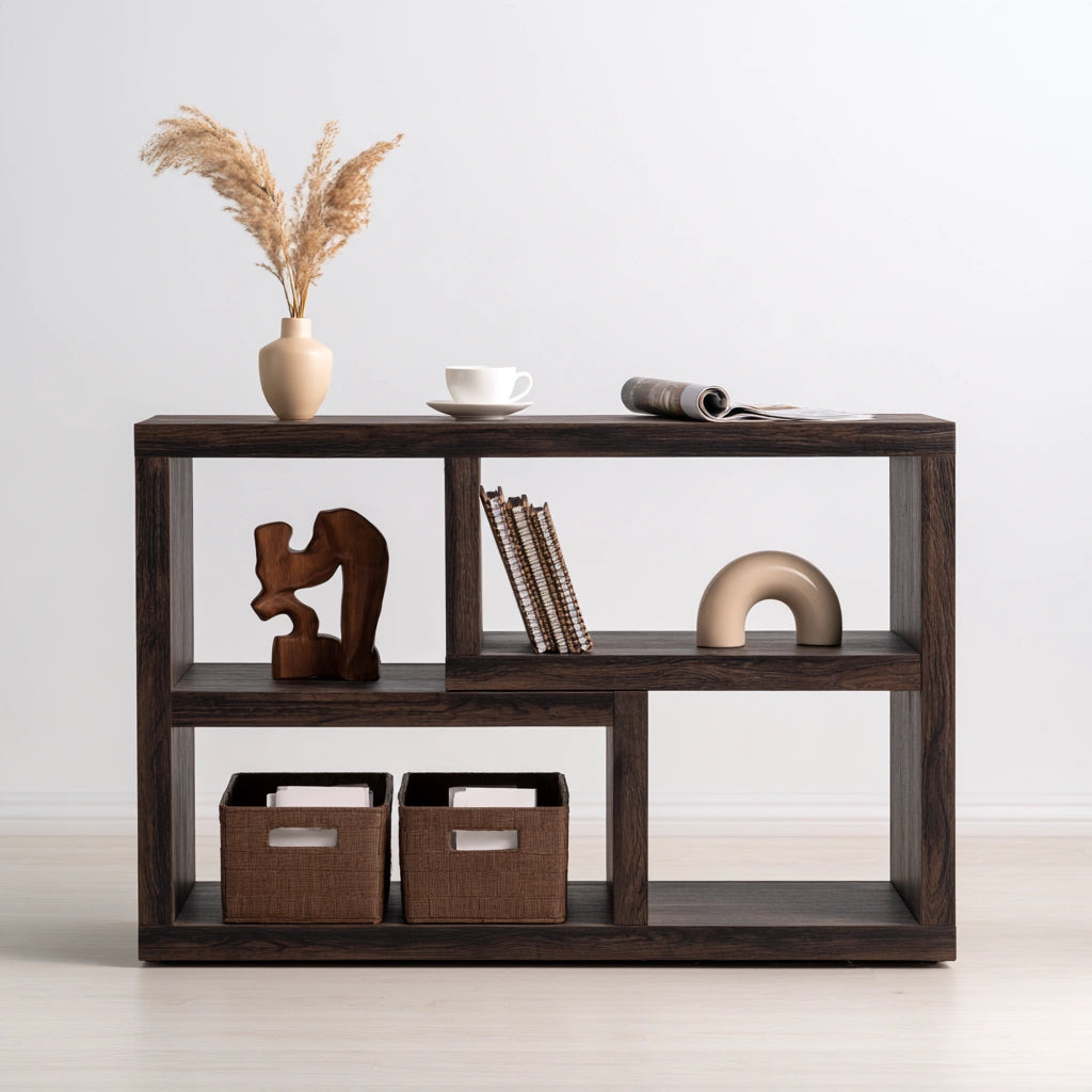 Ulmirae dark brown wooden multi-tier shelving unit with an asymmetrical design, suitable for home and garden storage.